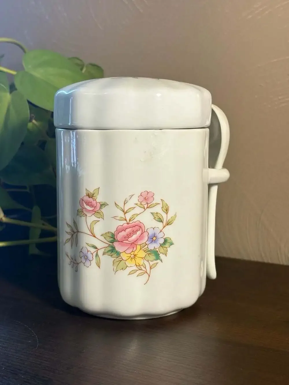 Vintage 1988 FTDA Floral Ceramic Canister with Lid and Spoon